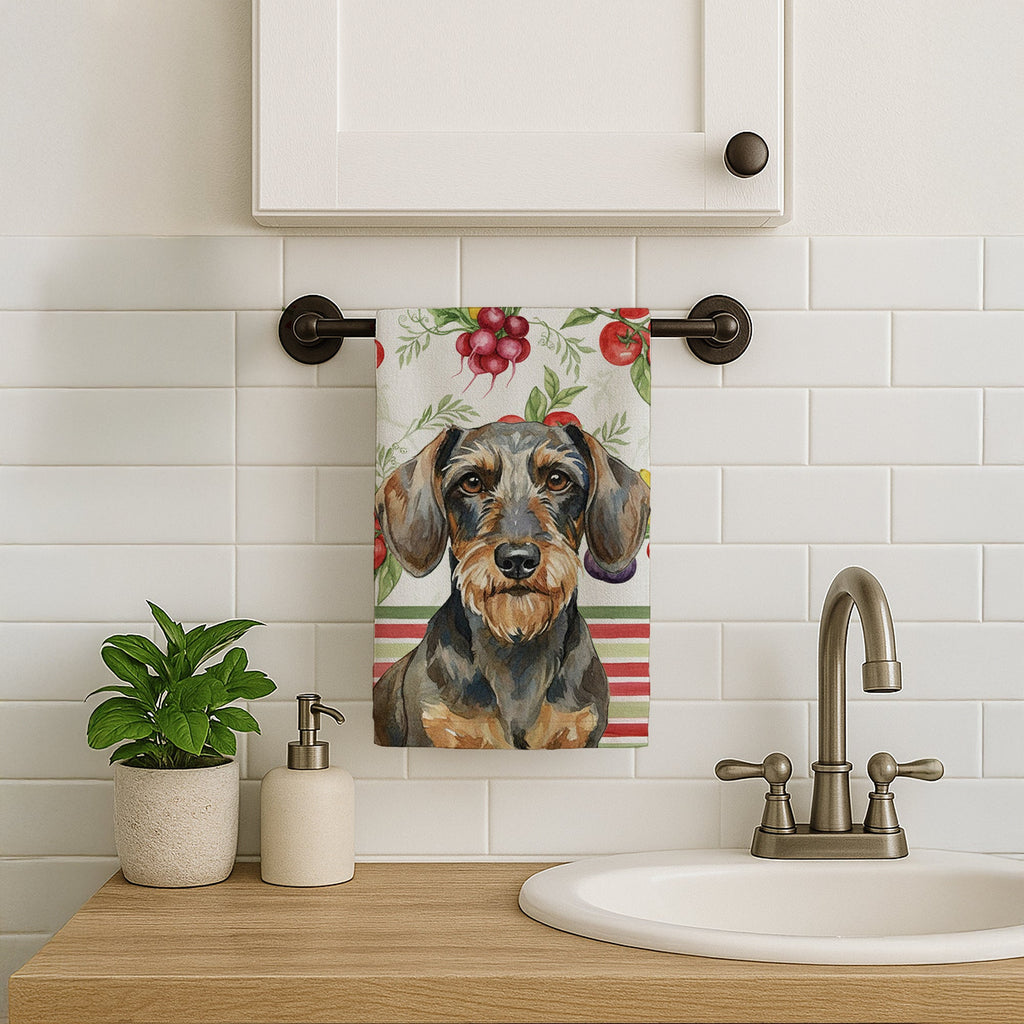 Wirehaired Wild Boar Dachshund Vegetables Kitchen Towel Velour Plush Front and Cotton Loop Back Machine Washable