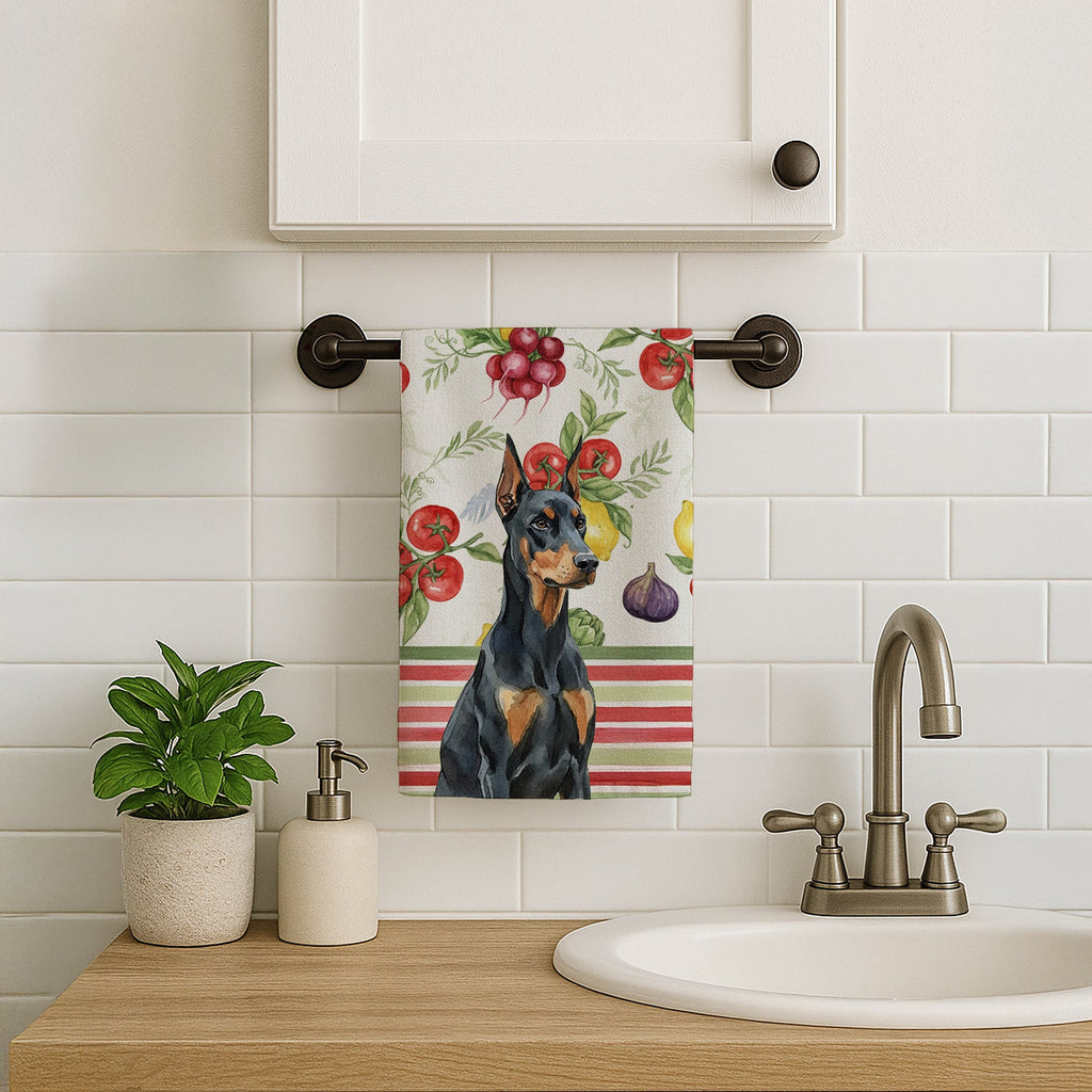 Doberman Pinscher Vegetables Kitchen Towel Velour Plush Front and Cotton Loop Back Machine Washable