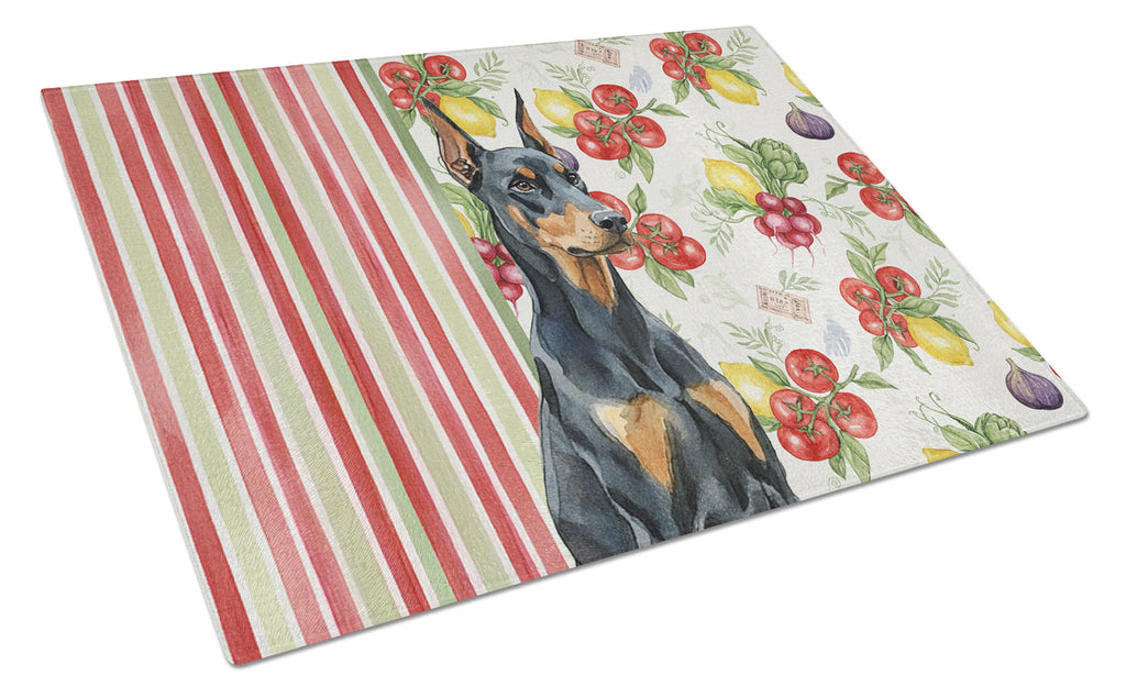 Doberman Pinscher Vegetables Cutting Board Tempered Glass Kitchen Cutting Surface, Heat Resistant Chopping, Non-Slip Feet, Food Prep & Serving