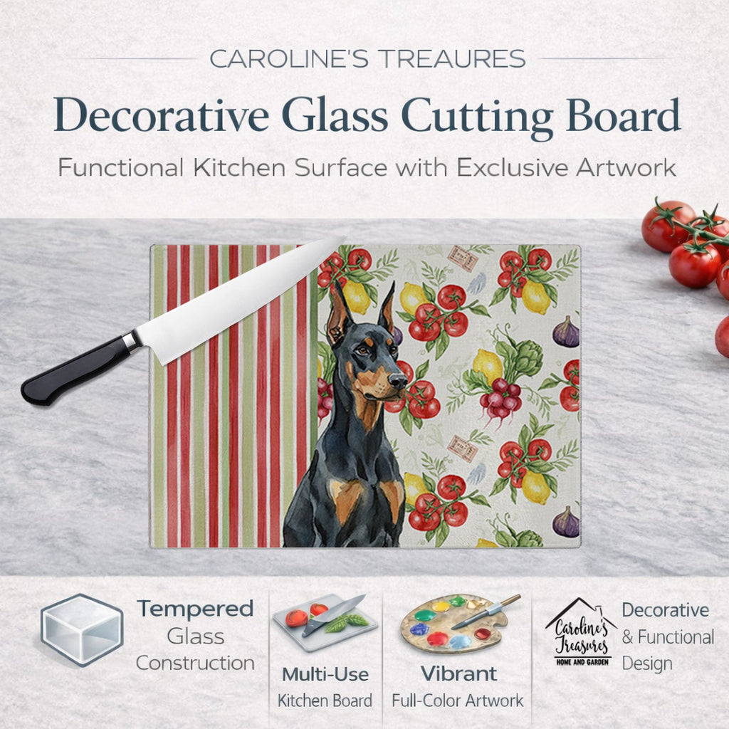 Doberman Pinscher Vegetables Cutting Board Tempered Glass Kitchen Cutting Surface, Heat Resistant Chopping, Non-Slip Feet, Food Prep & Serving