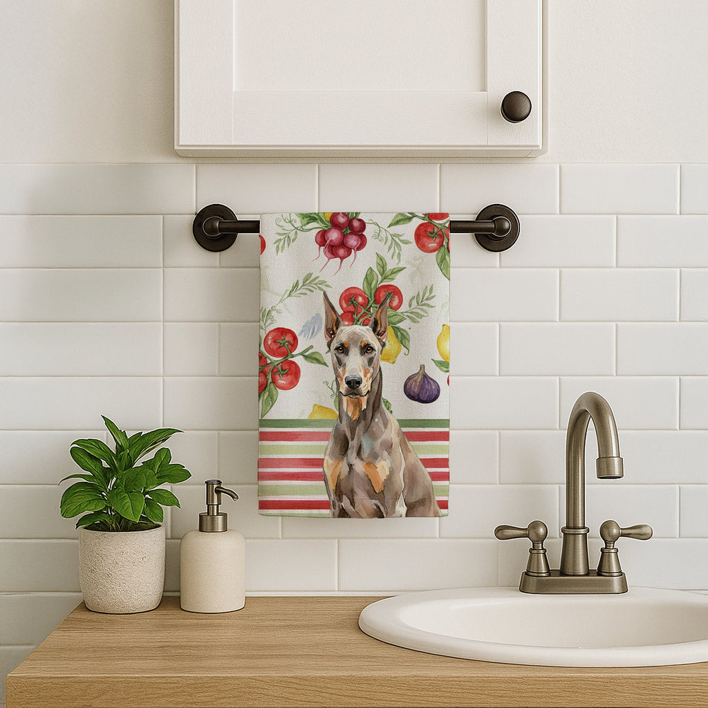 Fawn Doberman Pinscher Vegetables Kitchen Towel Velour Plush Front and Cotton Loop Back Machine Washable
