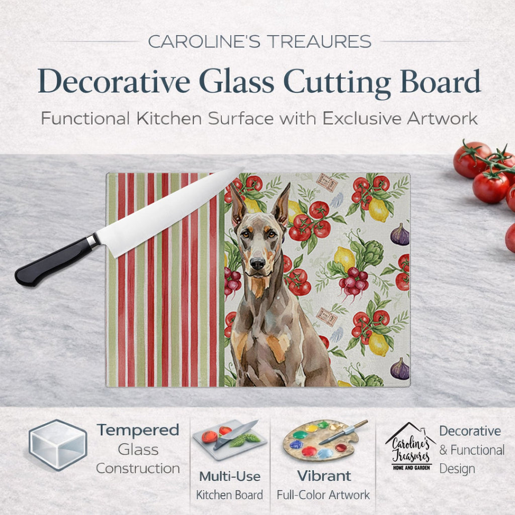 Fawn Doberman Pinscher Vegetables Cutting Board Tempered Glass Kitchen Cutting Surface, Heat Resistant Chopping, Non-Slip Feet, Food Prep & Serving