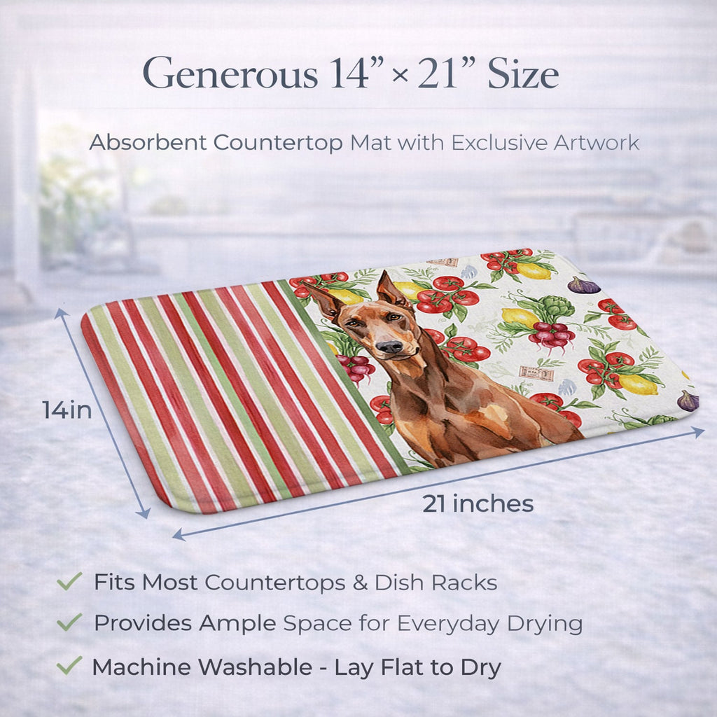 Red Doberman Pinscher Vegetables Dish Drying Mat Absorbent Dish Drying Mat Pad for Kitchen Counter Dish Drainer Mat for Countertop, 14 x 21", Multicolor