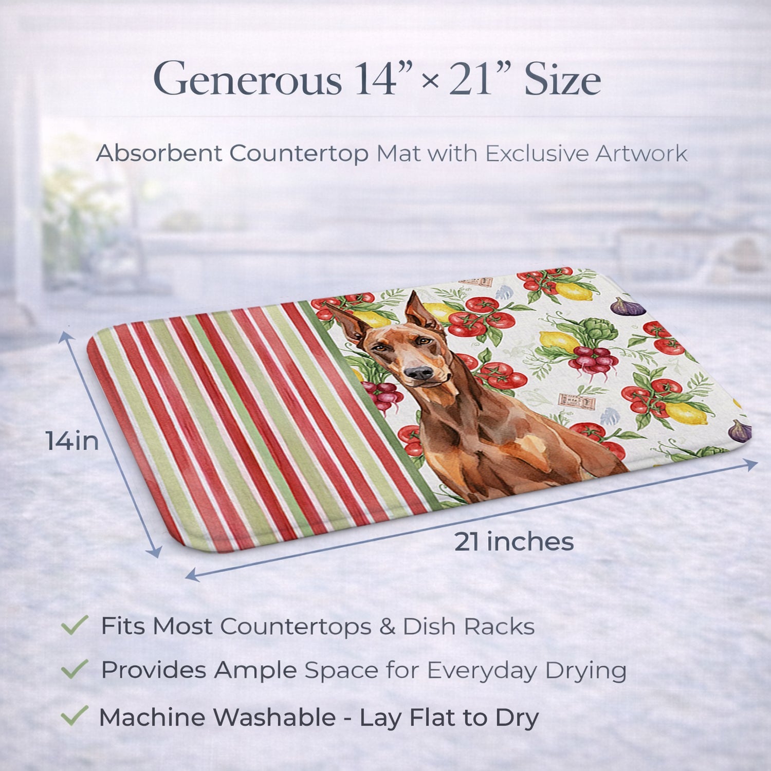 Red Doberman Pinscher Vegetables Dish Drying Mat Absorbent Dish Drying Mat Pad for Kitchen Counter Dish Drainer Mat for Countertop, 14 x 21", Multicolor