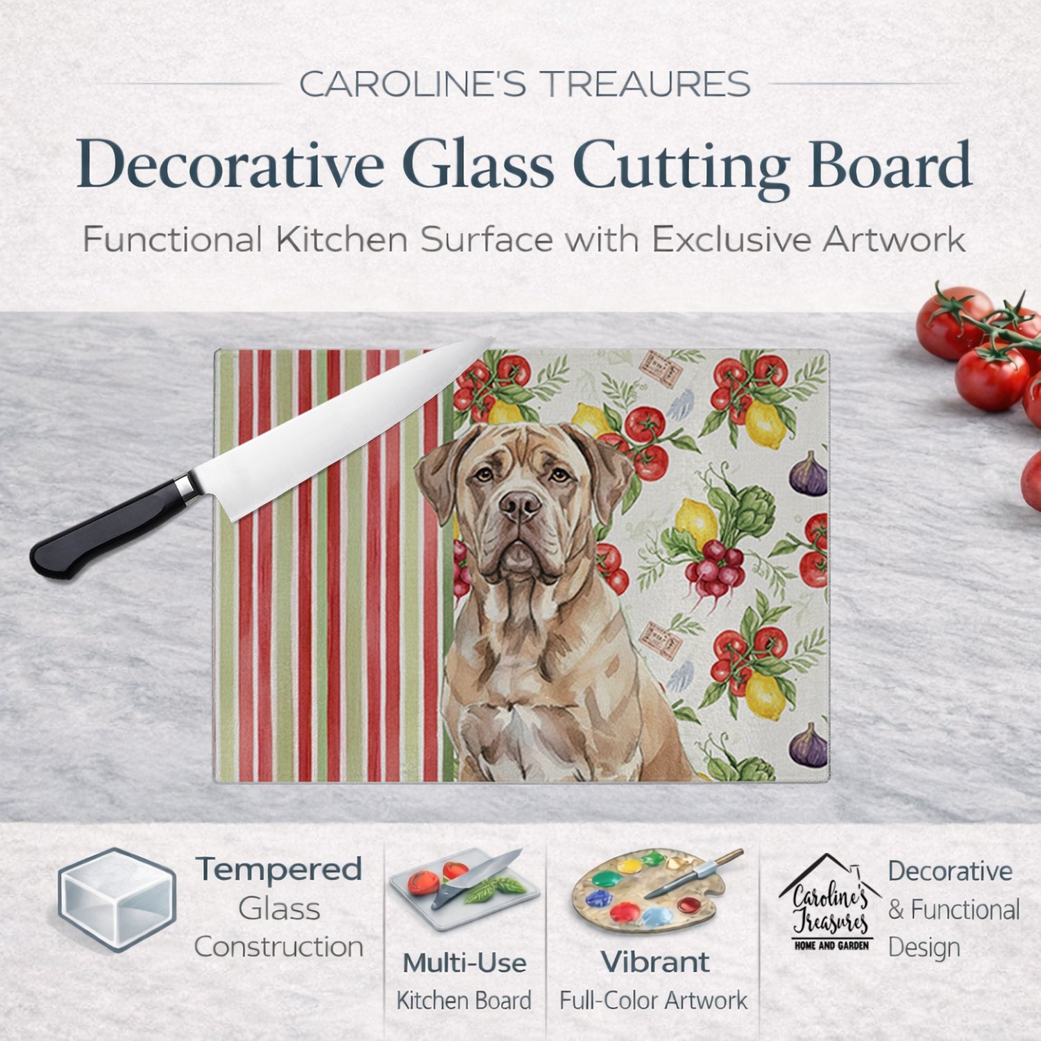 Isabella Dogue de Bordeaux Vegetables Cutting Board Tempered Glass Kitchen Cutting Surface, Heat Resistant Chopping, Non-Slip Feet, Food Prep & Serving