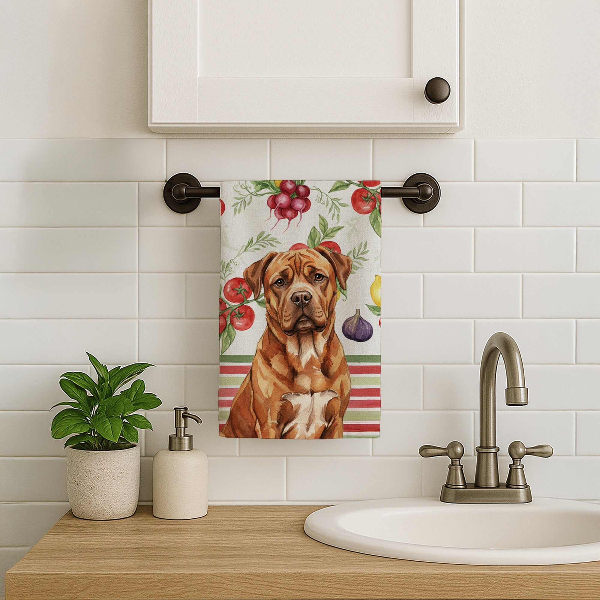 Mahogany Dogue de Bordeaux Vegetables Kitchen Towel Velour Plush Front and Cotton Loop Back Machine Washable
