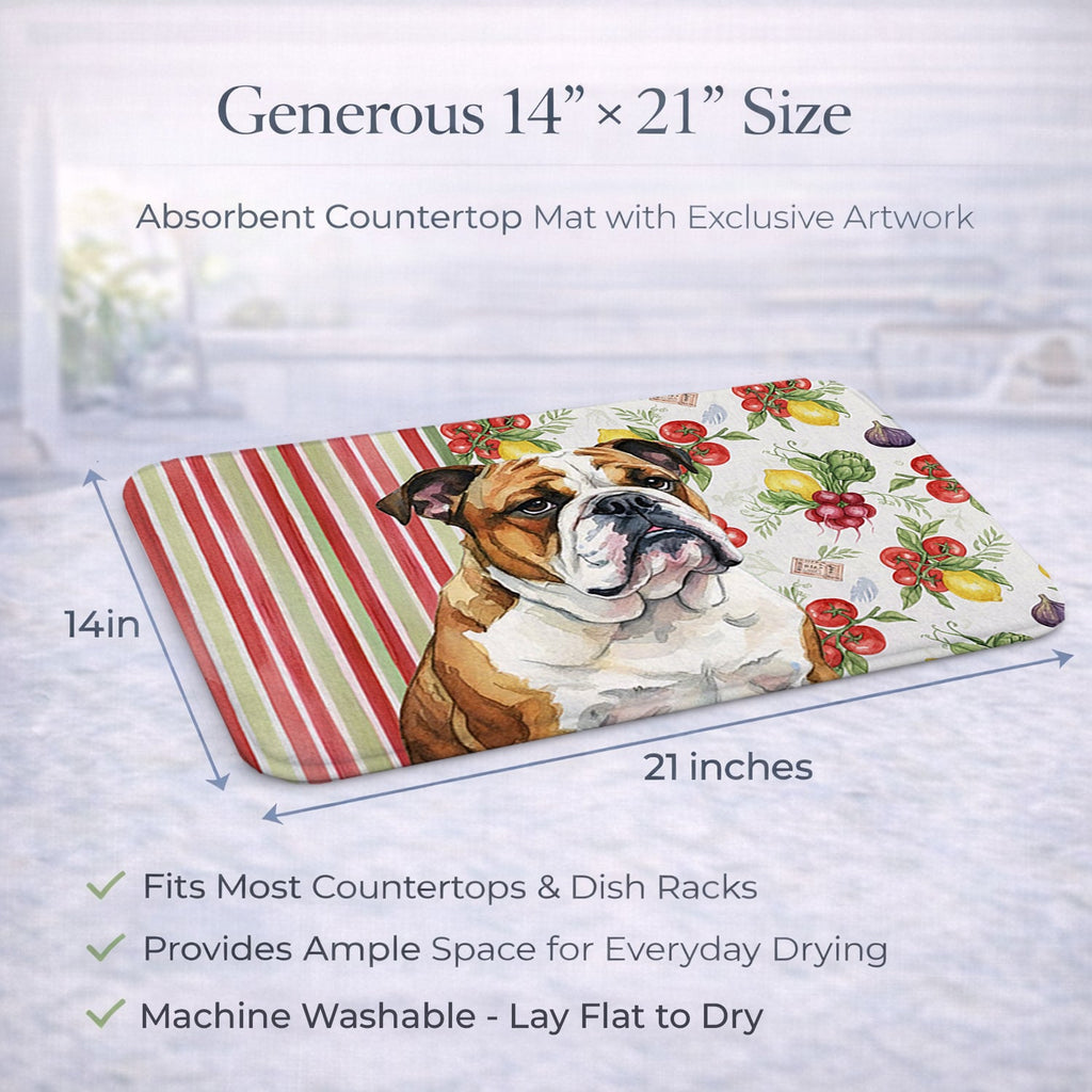 Brindle and White English Bulldog Vegetables Dish Drying Mat Absorbent Dish Drying Mat Pad for Kitchen Counter Dish Drainer Mat for Countertop, 14 x 21", Multicolor