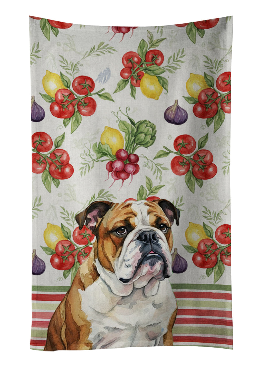 Brindle and White English Bulldog Vegetables Kitchen Towel Velour Plush Front and Cotton Loop Back Machine Washable