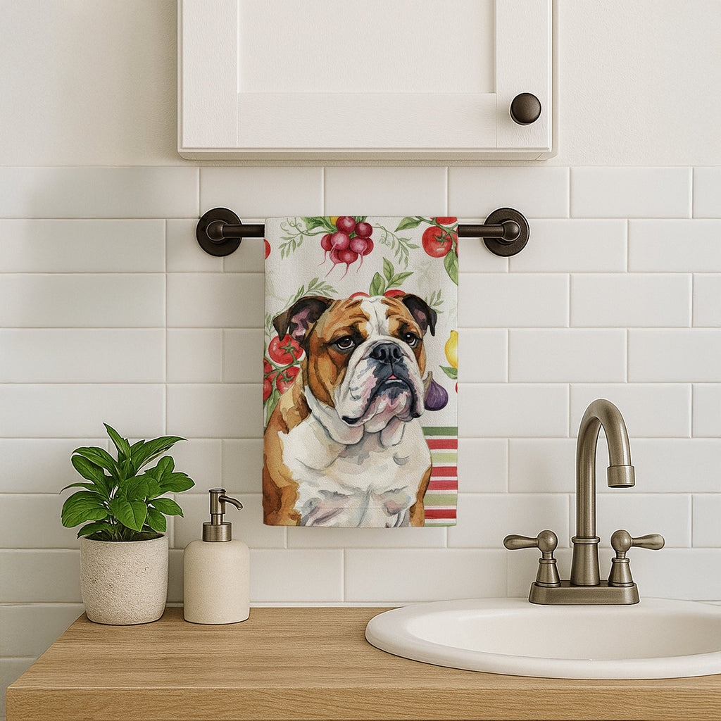 Brindle and White English Bulldog Vegetables Kitchen Towel Velour Plush Front and Cotton Loop Back Machine Washable