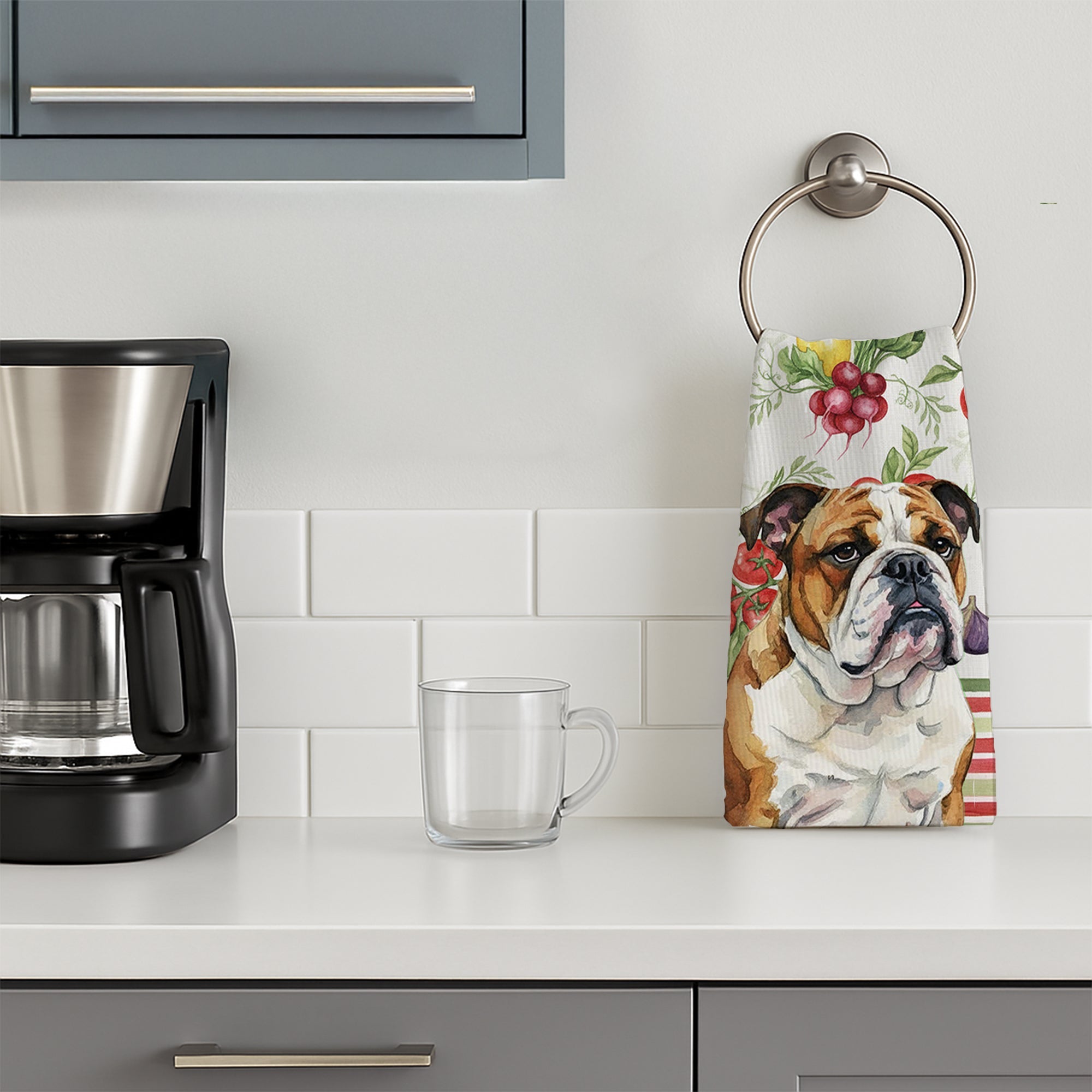 Brindle and White English Bulldog Vegetables Kitchen Towel Velour Plush Front and Cotton Loop Back Machine Washable