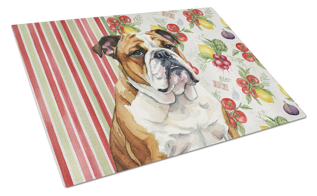 Brindle and White English Bulldog Vegetables Cutting Board Tempered Glass Kitchen Cutting Surface, Heat Resistant Chopping, Non-Slip Feet, Food Prep & Serving