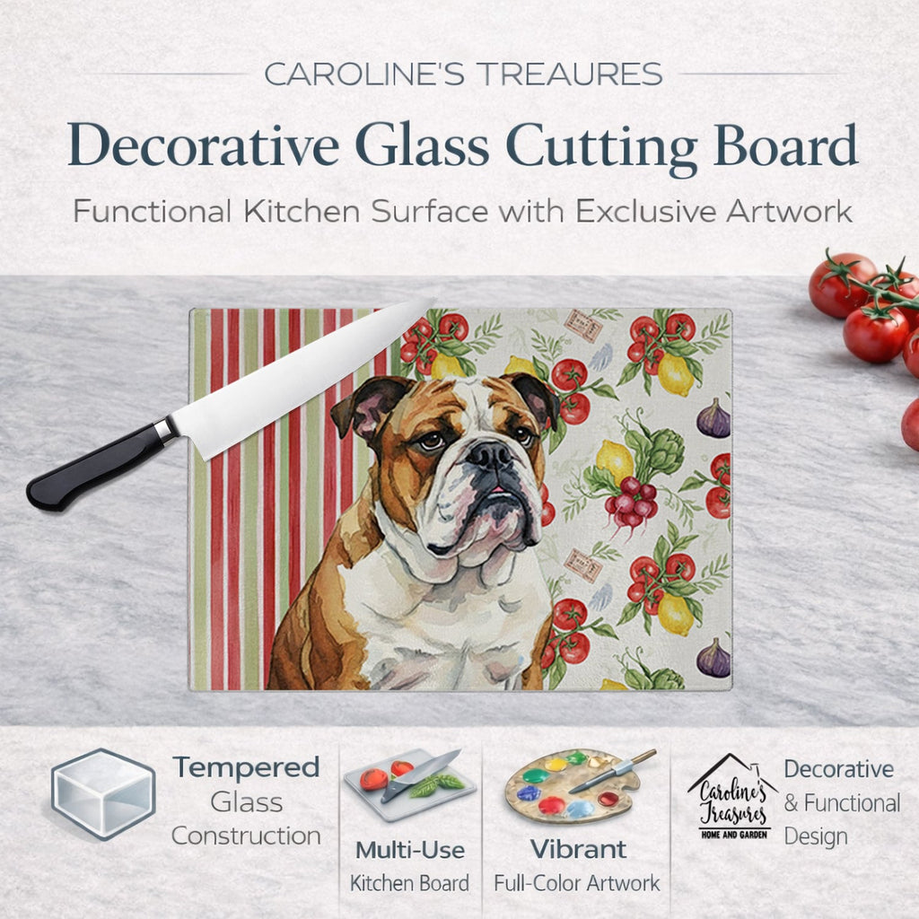 Brindle and White English Bulldog Vegetables Cutting Board Tempered Glass Kitchen Cutting Surface, Heat Resistant Chopping, Non-Slip Feet, Food Prep & Serving