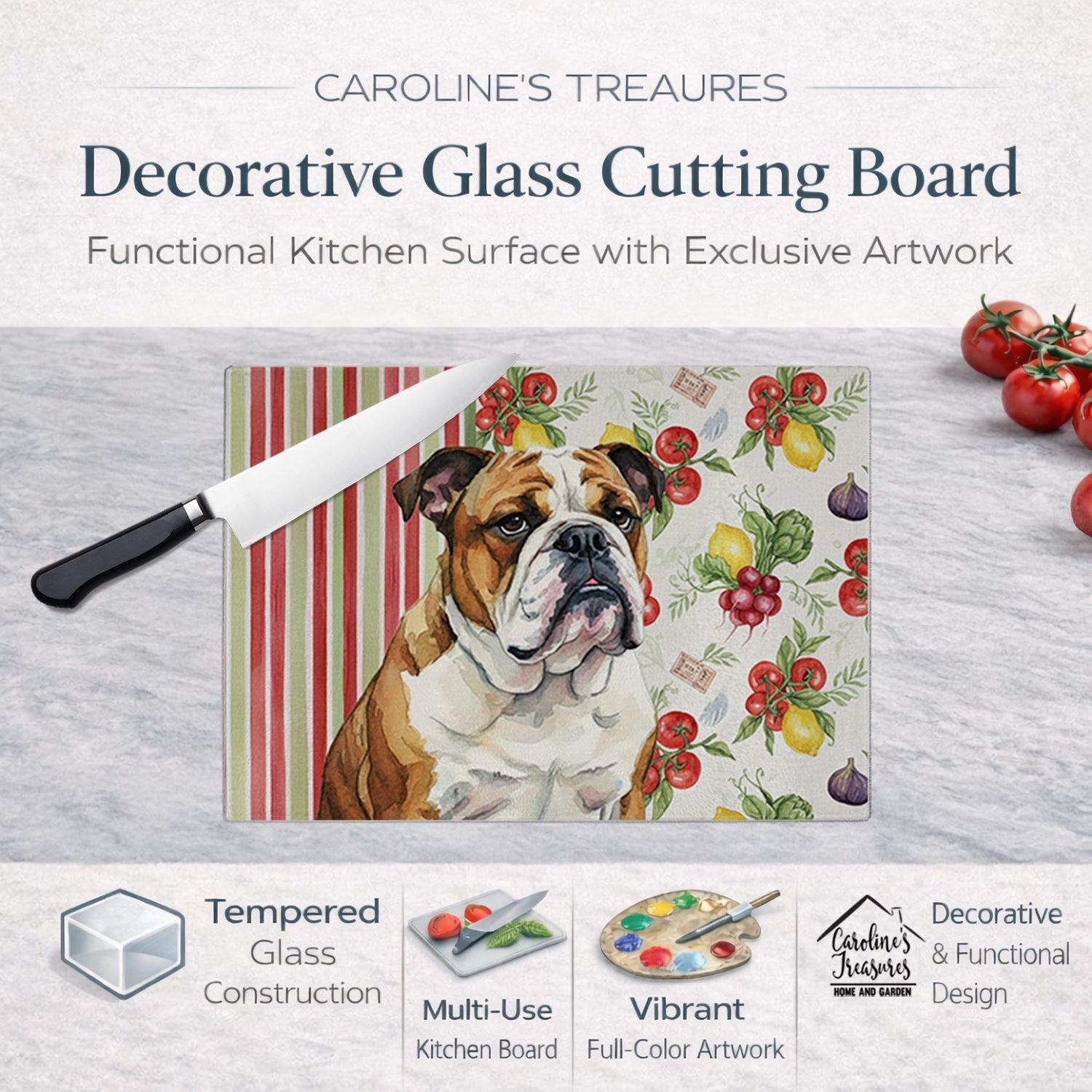 Brindle and White English Bulldog Vegetables Cutting Board Tempered Glass Kitchen Cutting Surface, Heat Resistant Chopping, Non-Slip Feet, Food Prep & Serving