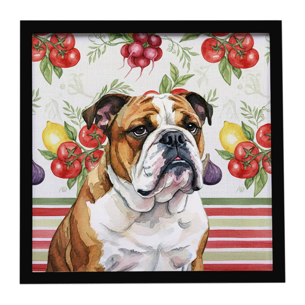 Brindle and White English Bulldog Vegetables Framed Metal Print Bathroom, Kitchen, Office, Home Decor Wall Art Ready to Hang, Square, 8X8