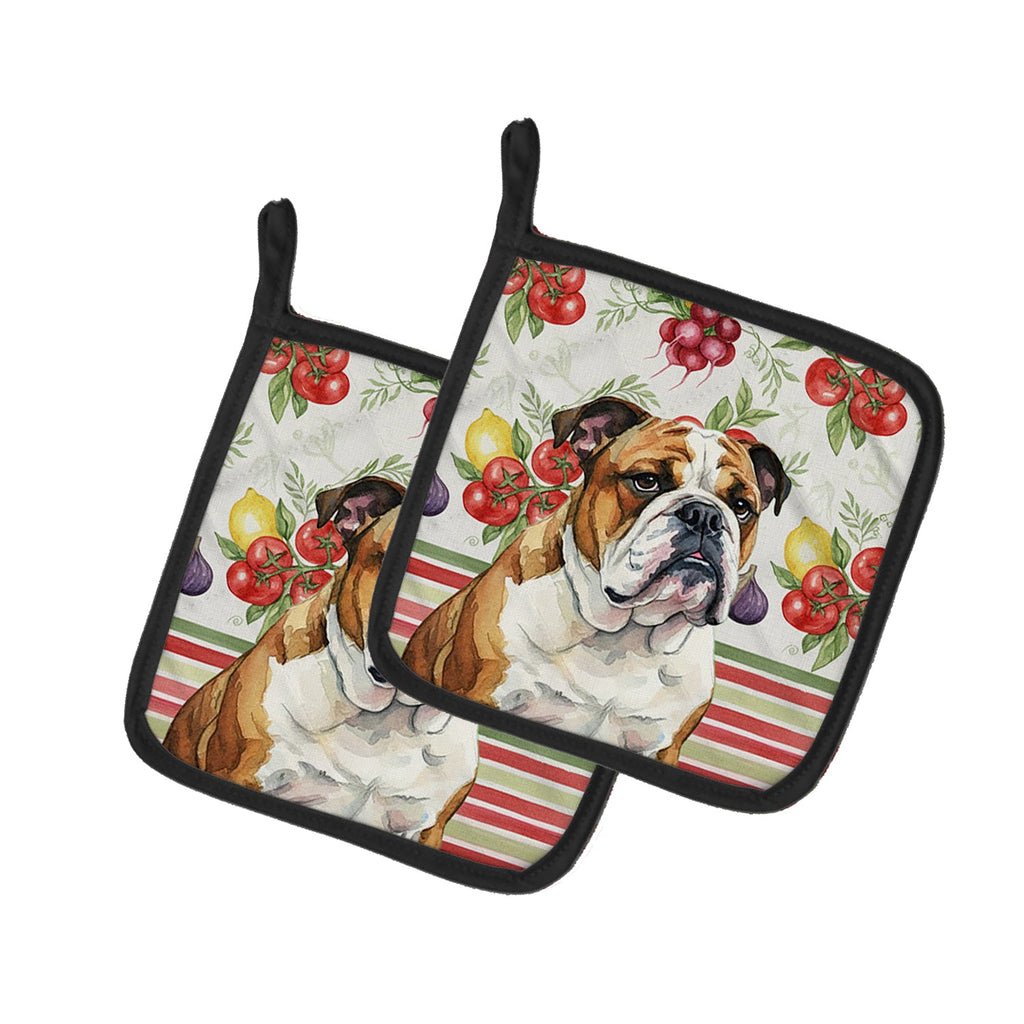 Brindle and White English Bulldog Vegetables Pot Holder Set of 2 Heat Resistant Quilted Hot Pads 7.5 x 7.5 Inch, Insulated Kitchen Trivets for Cooking & Baking
