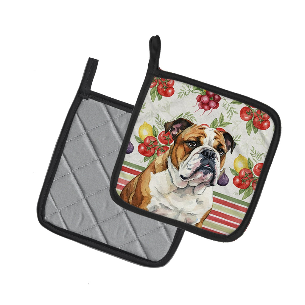 Brindle and White English Bulldog Vegetables Pot Holder Set of 2 Heat Resistant Quilted Hot Pads 7.5 x 7.5 Inch, Insulated Kitchen Trivets for Cooking & Baking