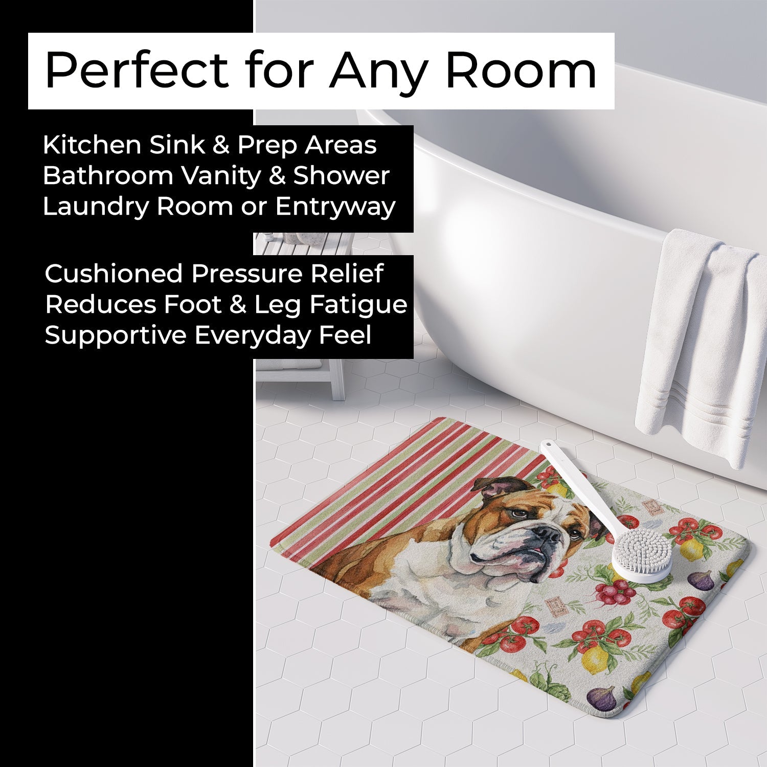 Brindle and White English Bulldog Vegetables Memory Foam Kitchen Mat Machine Washable Anti-Fatigue Cushion Comfort Bath or Kitchen Rug