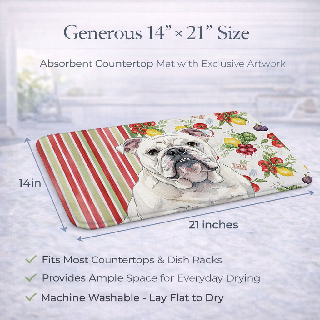 White English Bulldog Vegetables Dish Drying Mat Absorbent Dish Drying Mat Pad for Kitchen Counter Dish Drainer Mat for Countertop, 14 x 21", Multicolor