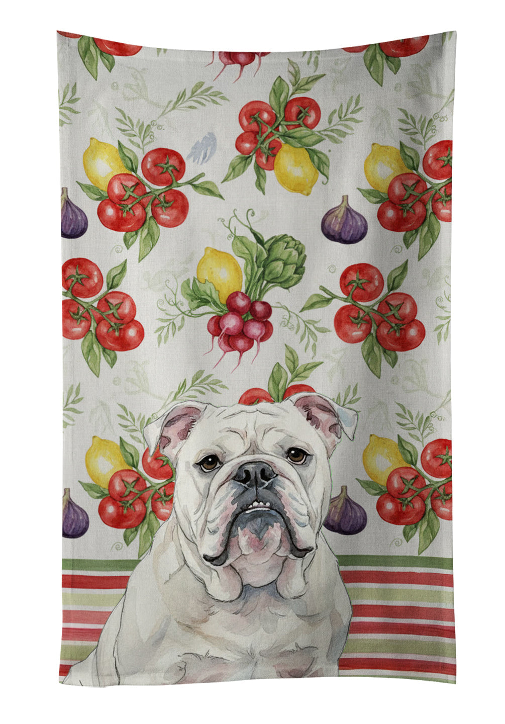 White English Bulldog Vegetables Kitchen Towel Velour Plush Front and Cotton Loop Back Machine Washable