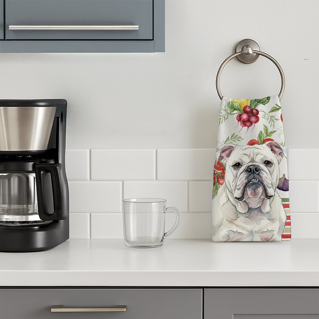 White English Bulldog Vegetables Kitchen Towel Velour Plush Front and Cotton Loop Back Machine Washable
