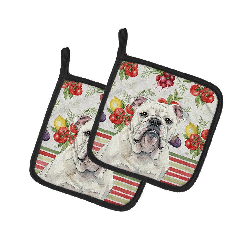 White English Bulldog Vegetables Pot Holder Set of 2 Heat Resistant Quilted Hot Pads 7.5 x 7.5 Inch, Insulated Kitchen Trivets for Cooking & Baking