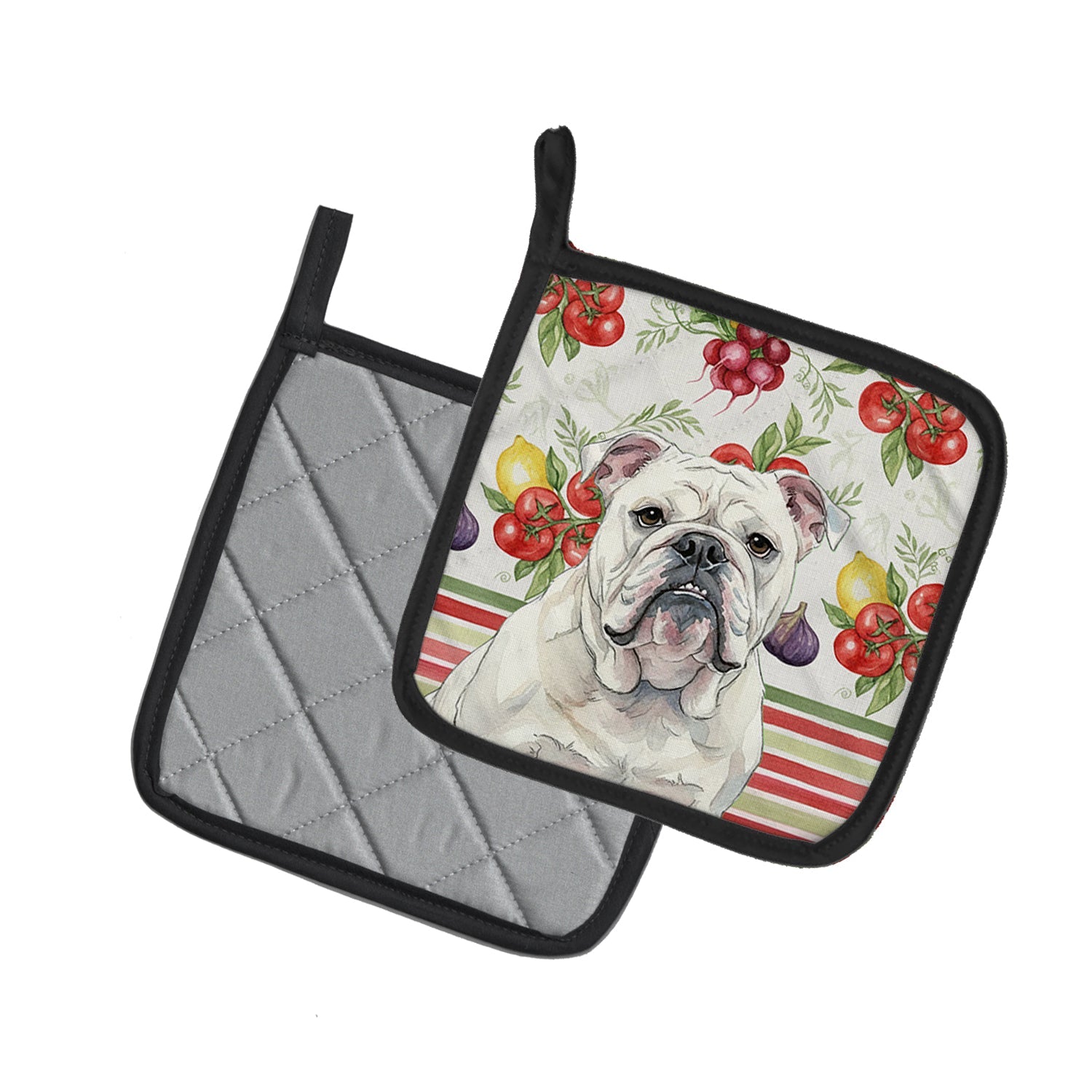 White English Bulldog Vegetables Pot Holder Set of 2 Heat Resistant Quilted Hot Pads 7.5 x 7.5 Inch, Insulated Kitchen Trivets for Cooking & Baking