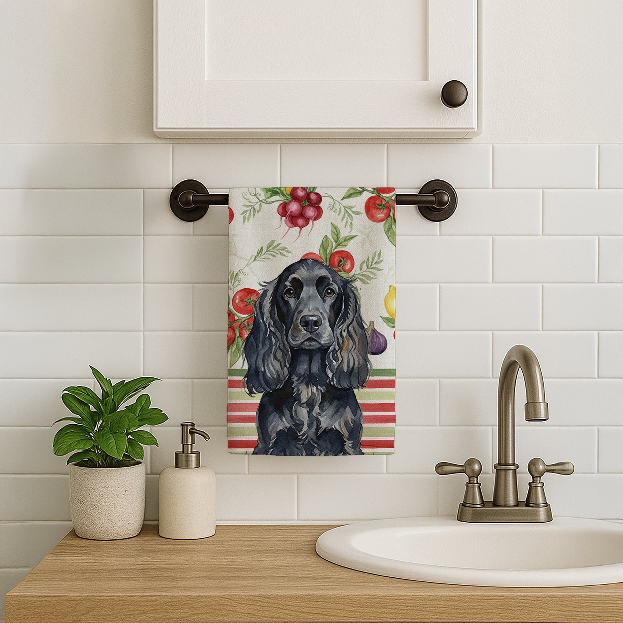 Black English Cocker Spaniel Vegetables Kitchen Towel Velour Plush Front and Cotton Loop Back Machine Washable