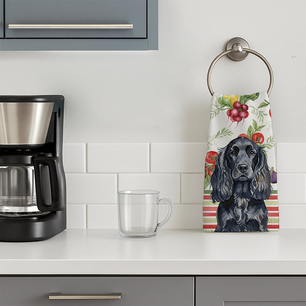Black English Cocker Spaniel Vegetables Kitchen Towel Velour Plush Front and Cotton Loop Back Machine Washable