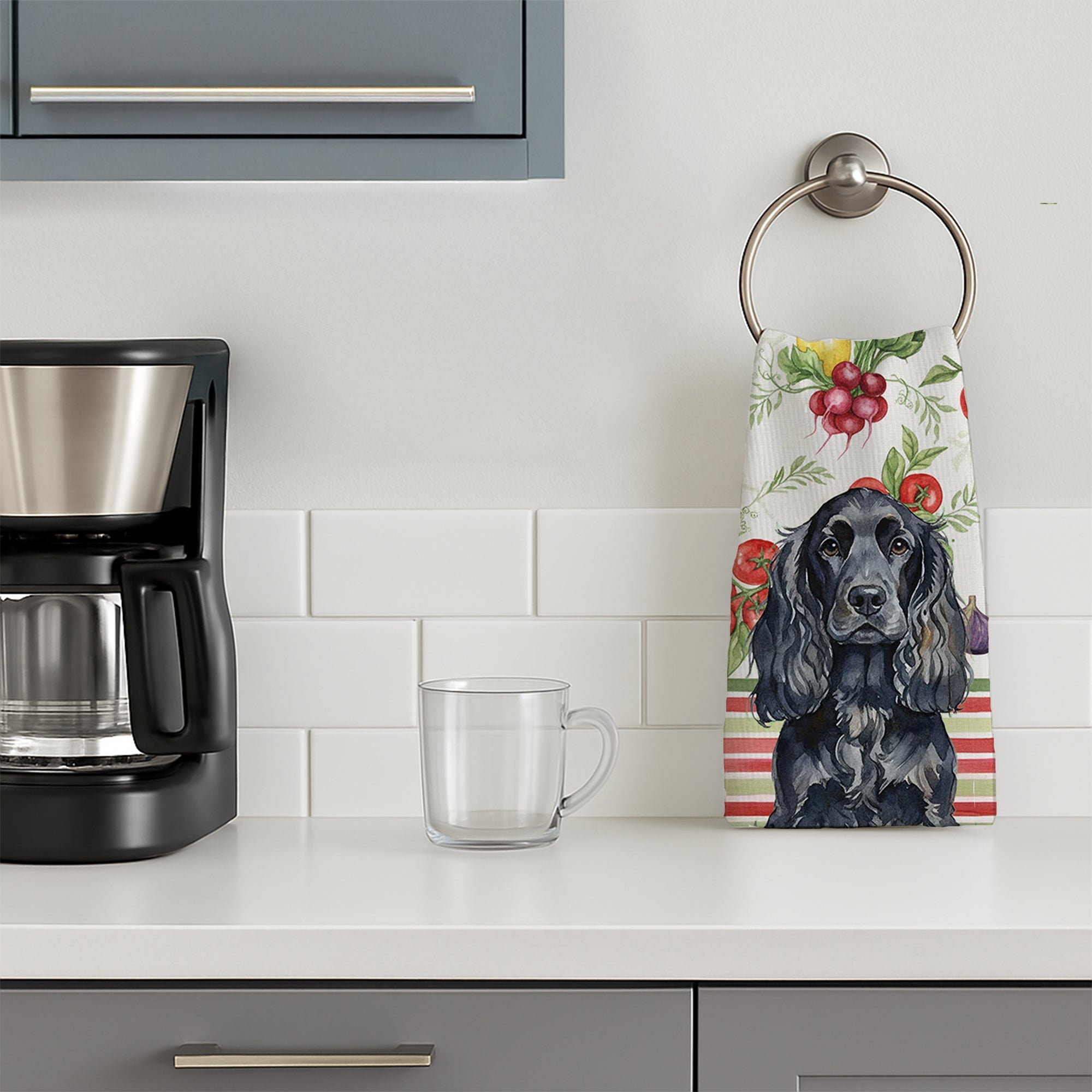 Black English Cocker Spaniel Vegetables Kitchen Towel Velour Plush Front and Cotton Loop Back Machine Washable