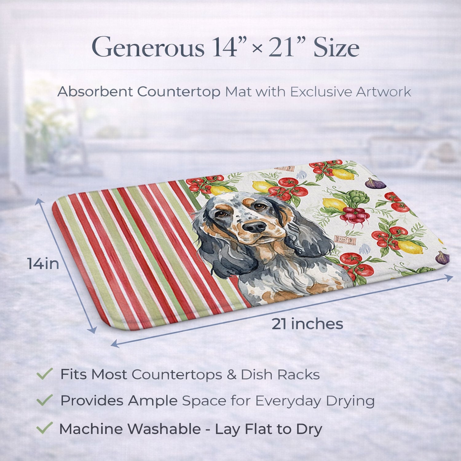 Blue Roan & Tan English Cocker Spaniel Vegetables Dish Drying Mat Absorbent Dish Drying Mat Pad for Kitchen Counter Dish Drainer Mat for Countertop, 14 x 21", Multicolor