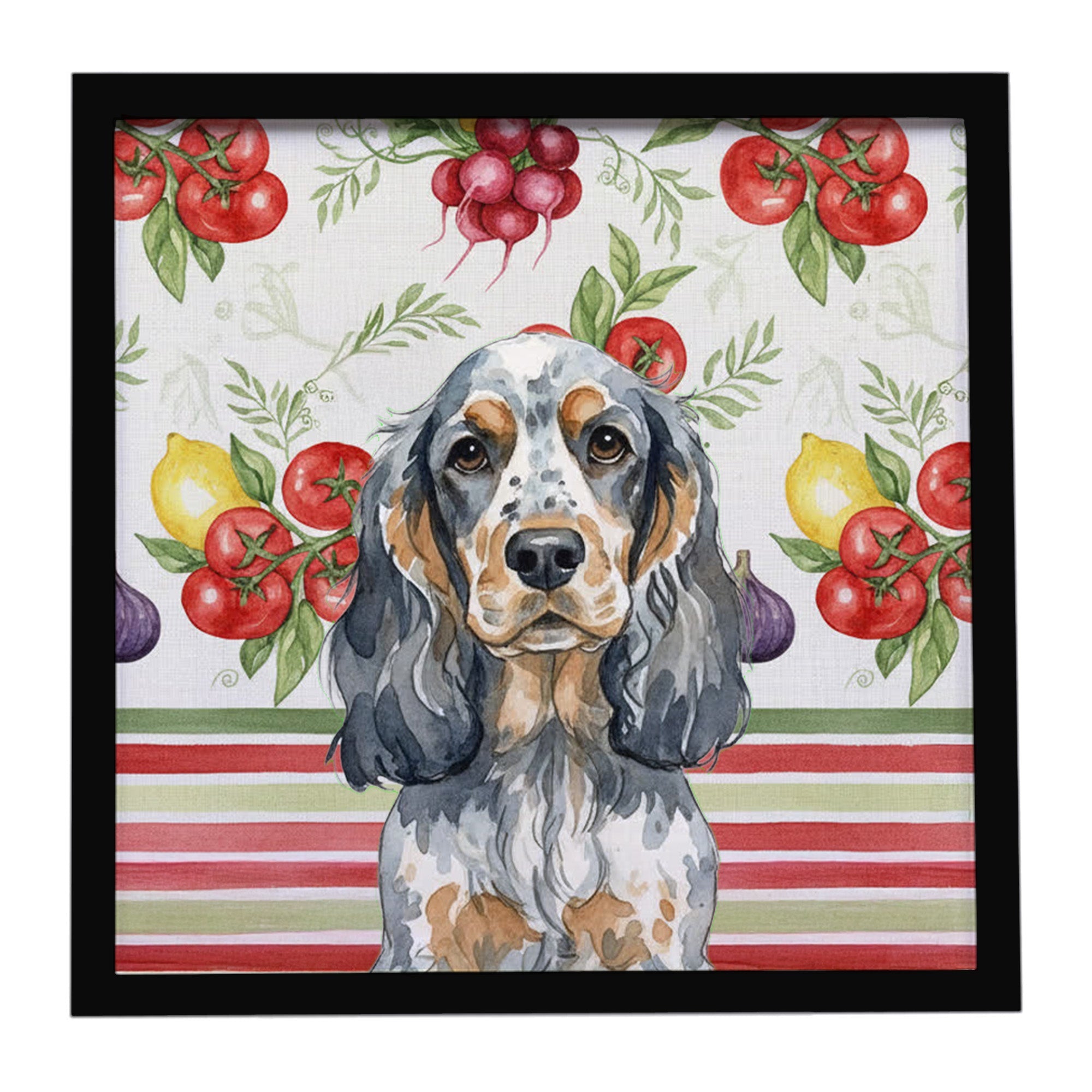 Blue Roan & Tan English Cocker Spaniel Vegetables Framed Metal Print Bathroom, Kitchen, Office, Home Decor Wall Art Ready to Hang, Square, 8X8