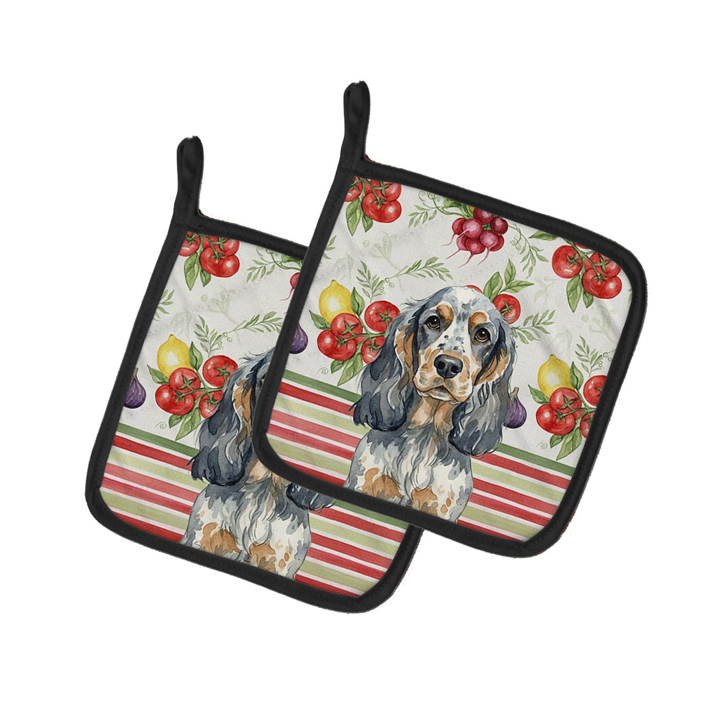 Blue Roan & Tan English Cocker Spaniel Vegetables Pot Holder Set of 2 Heat Resistant Quilted Hot Pads 7.5 x 7.5 Inch, Insulated Kitchen Trivets for Cooking & Baking