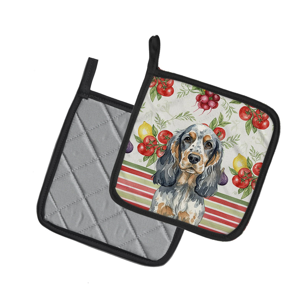 Blue Roan & Tan English Cocker Spaniel Vegetables Pot Holder Set of 2 Heat Resistant Quilted Hot Pads 7.5 x 7.5 Inch, Insulated Kitchen Trivets for Cooking & Baking