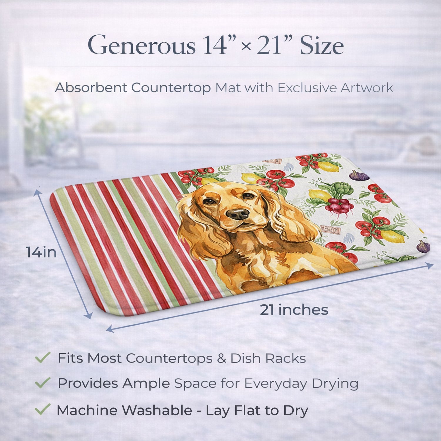 Golden English Cocker Spaniel Vegetables Dish Drying Mat Absorbent Dish Drying Mat Pad for Kitchen Counter Dish Drainer Mat for Countertop, 14 x 21", Multicolor