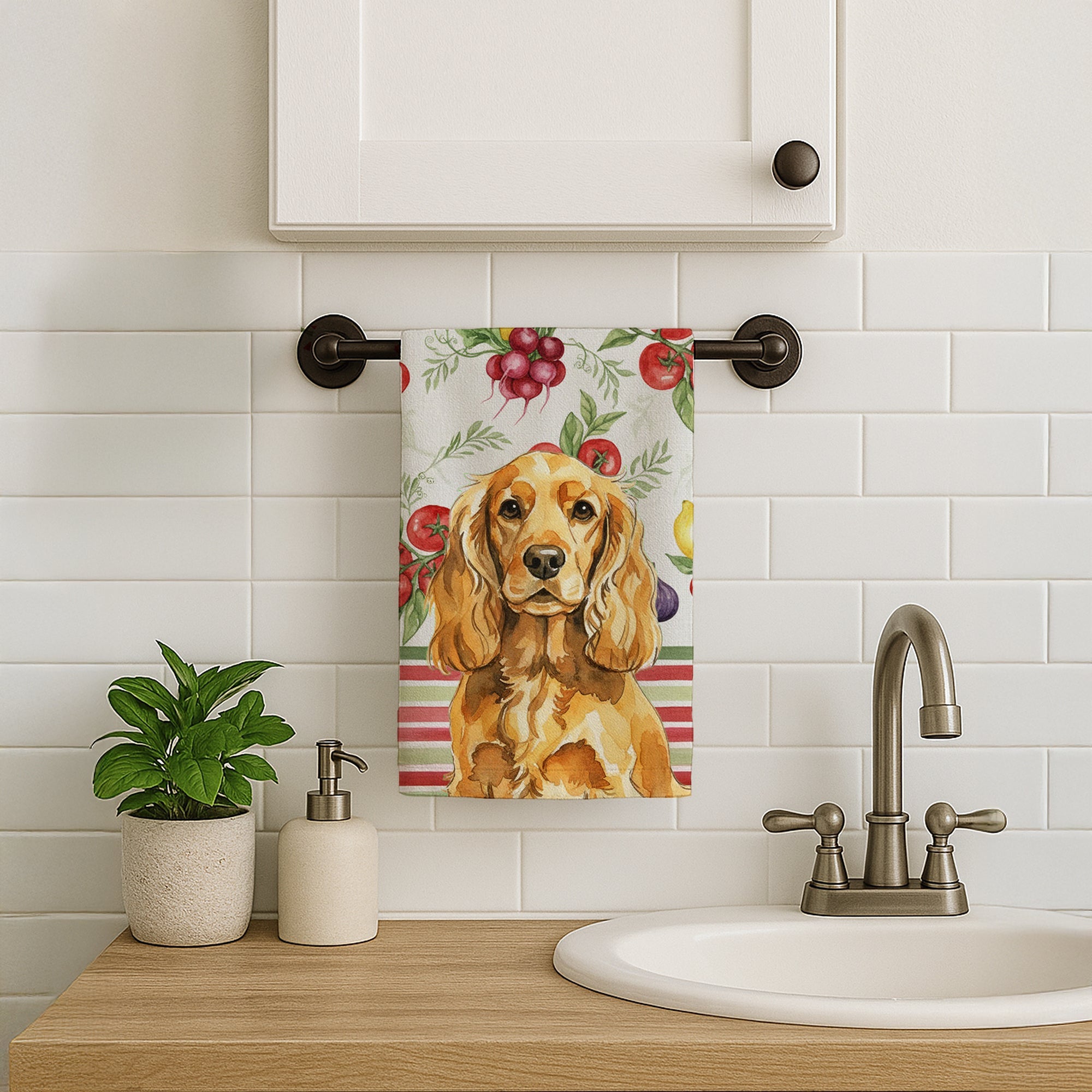 Golden English Cocker Spaniel Vegetables Kitchen Towel Velour Plush Front and Cotton Loop Back Machine Washable
