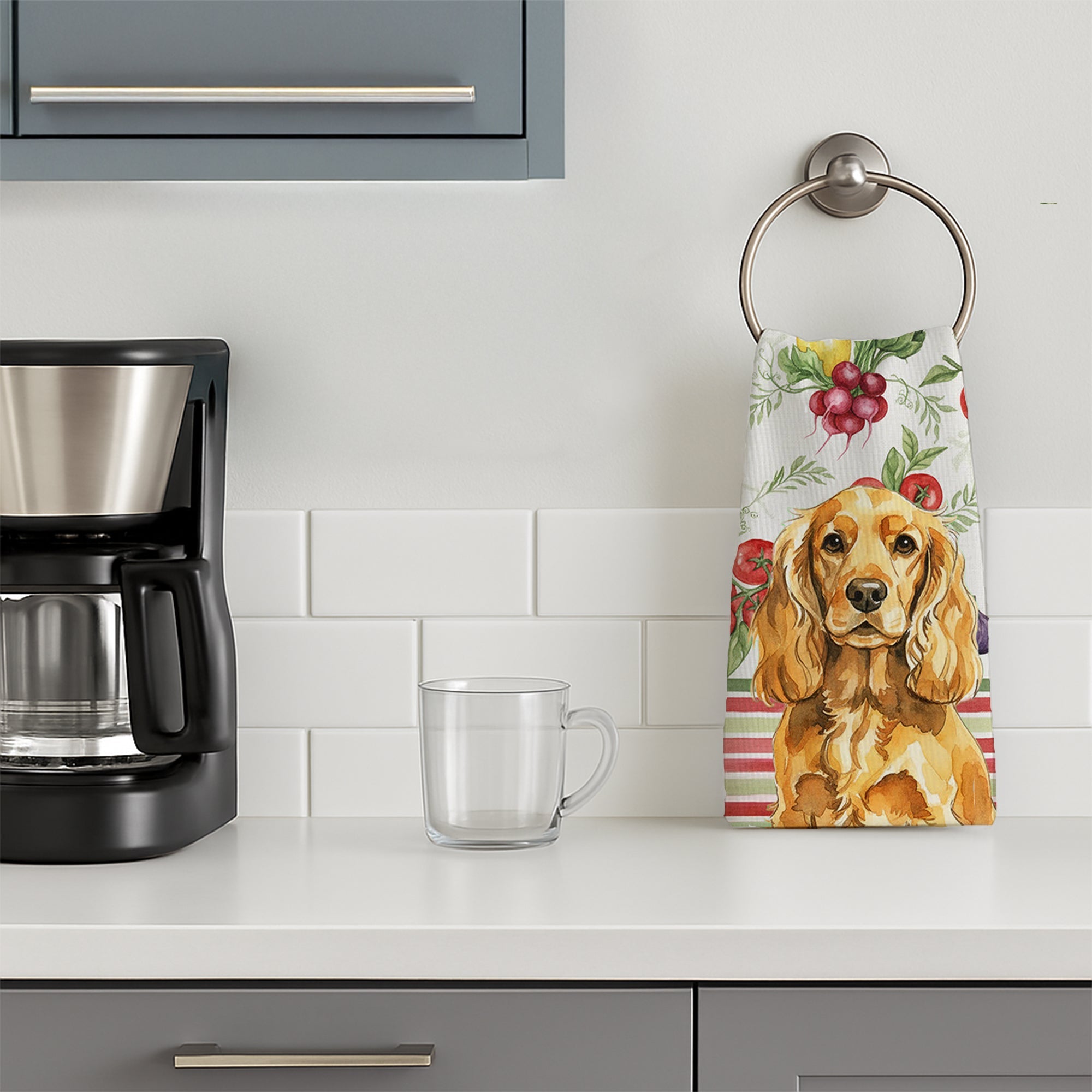 Golden English Cocker Spaniel Vegetables Kitchen Towel Velour Plush Front and Cotton Loop Back Machine Washable
