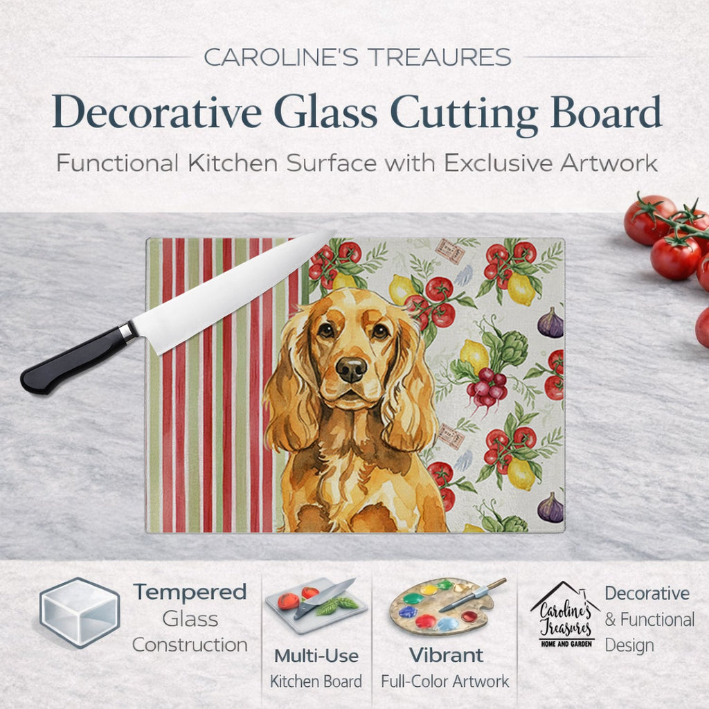 Golden English Cocker Spaniel Vegetables Cutting Board Tempered Glass Kitchen Cutting Surface, Heat Resistant Chopping, Non-Slip Feet, Food Prep & Serving