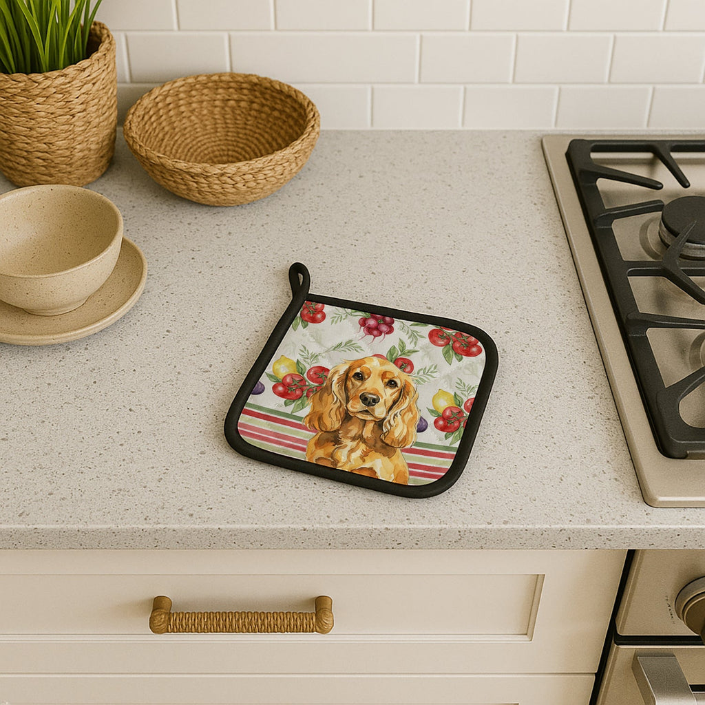 Golden English Cocker Spaniel Vegetables Pot Holder Set of 2 Heat Resistant Quilted Hot Pads 7.5 x 7.5 Inch, Insulated Kitchen Trivets for Cooking & Baking