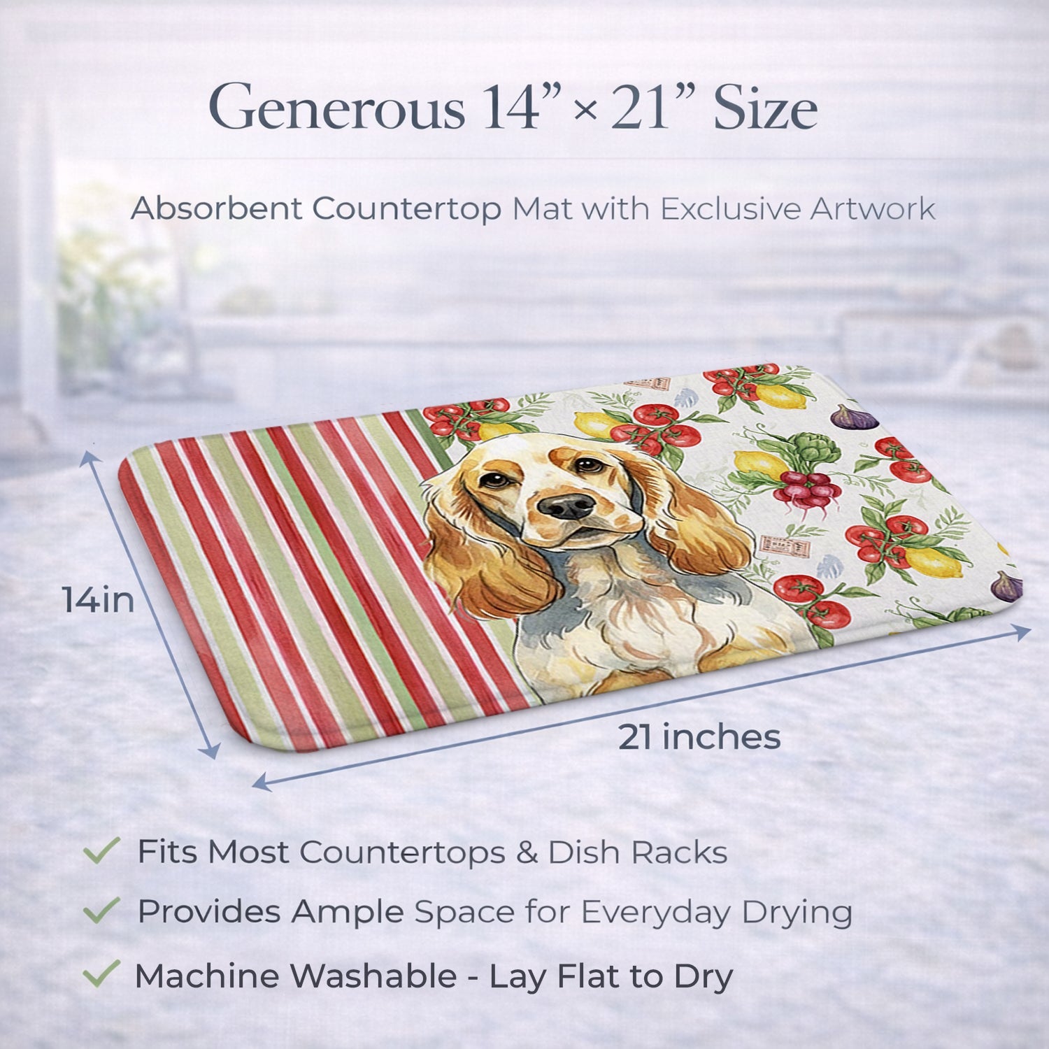 Lemon Roan English Cocker Spaniel Vegetables Dish Drying Mat Absorbent Dish Drying Mat Pad for Kitchen Counter Dish Drainer Mat for Countertop, 14 x 21", Multicolor