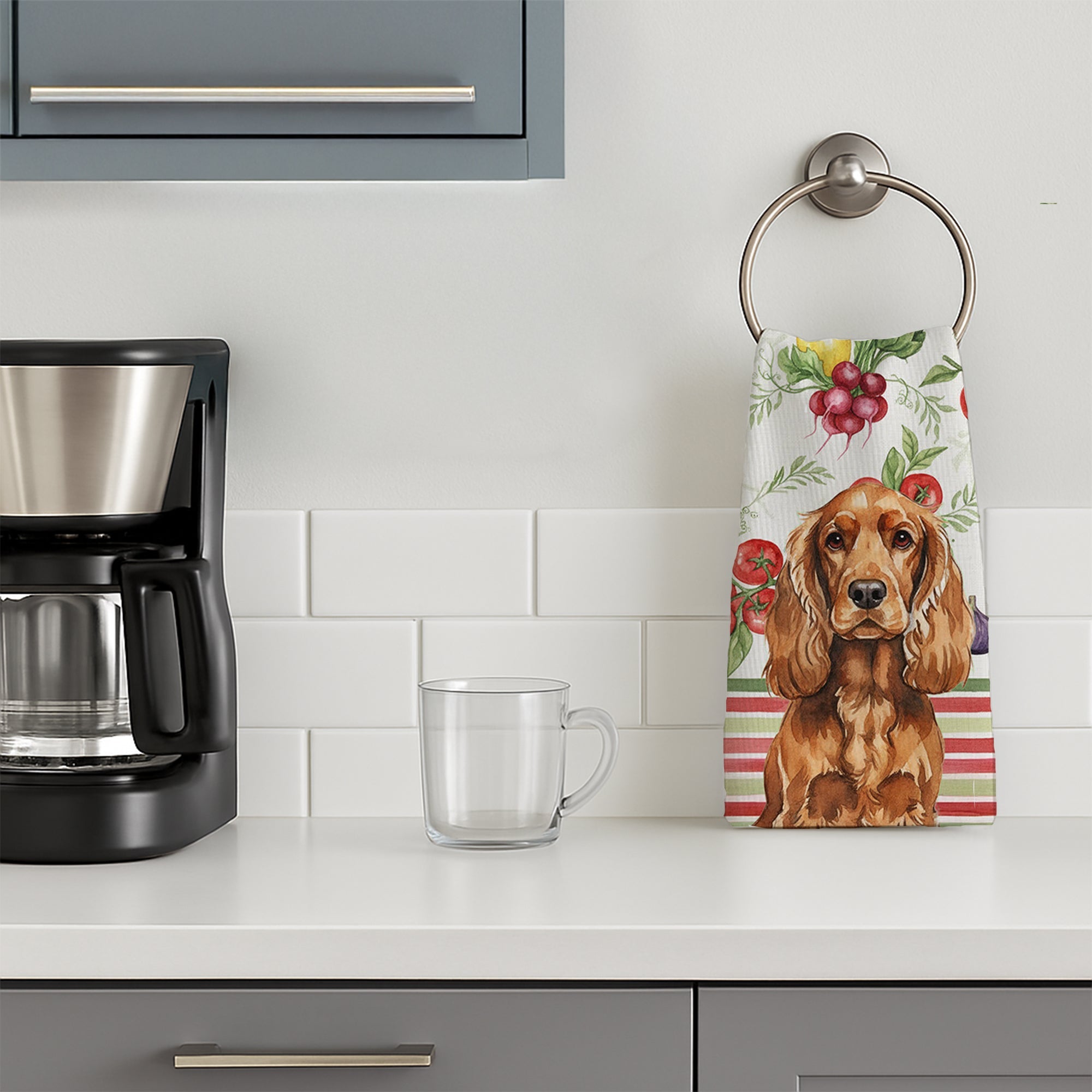 Red English Cocker Spaniel Vegetables Kitchen Towel Velour Plush Front and Cotton Loop Back Machine Washable