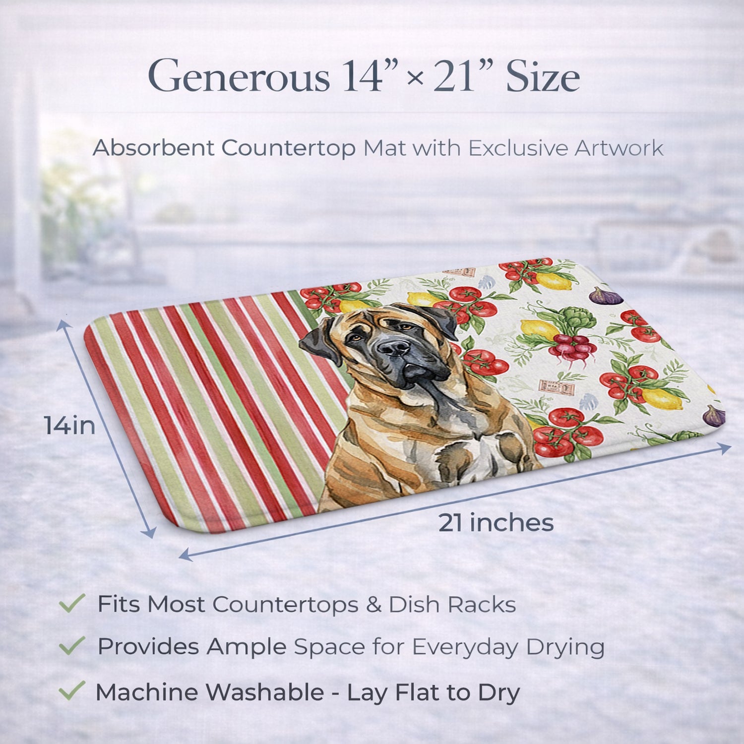 Brindle English Mastiff Vegetables Dish Drying Mat Absorbent Dish Drying Mat Pad for Kitchen Counter Dish Drainer Mat for Countertop, 14 x 21", Multicolor