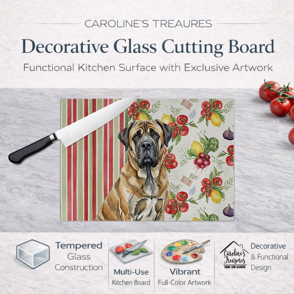 Brindle English Mastiff Vegetables Cutting Board Tempered Glass Kitchen Cutting Surface, Heat Resistant Chopping, Non-Slip Feet, Food Prep & Serving