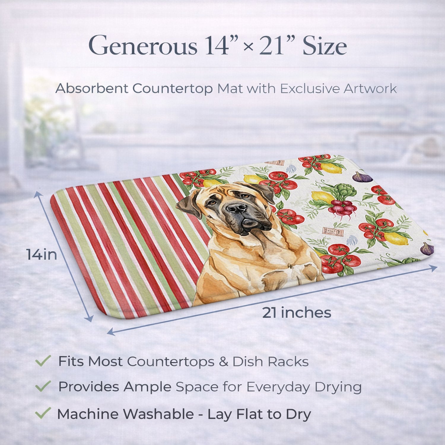 Fawn English Mastiff Vegetables Dish Drying Mat Absorbent Dish Drying Mat Pad for Kitchen Counter Dish Drainer Mat for Countertop, 14 x 21", Multicolor
