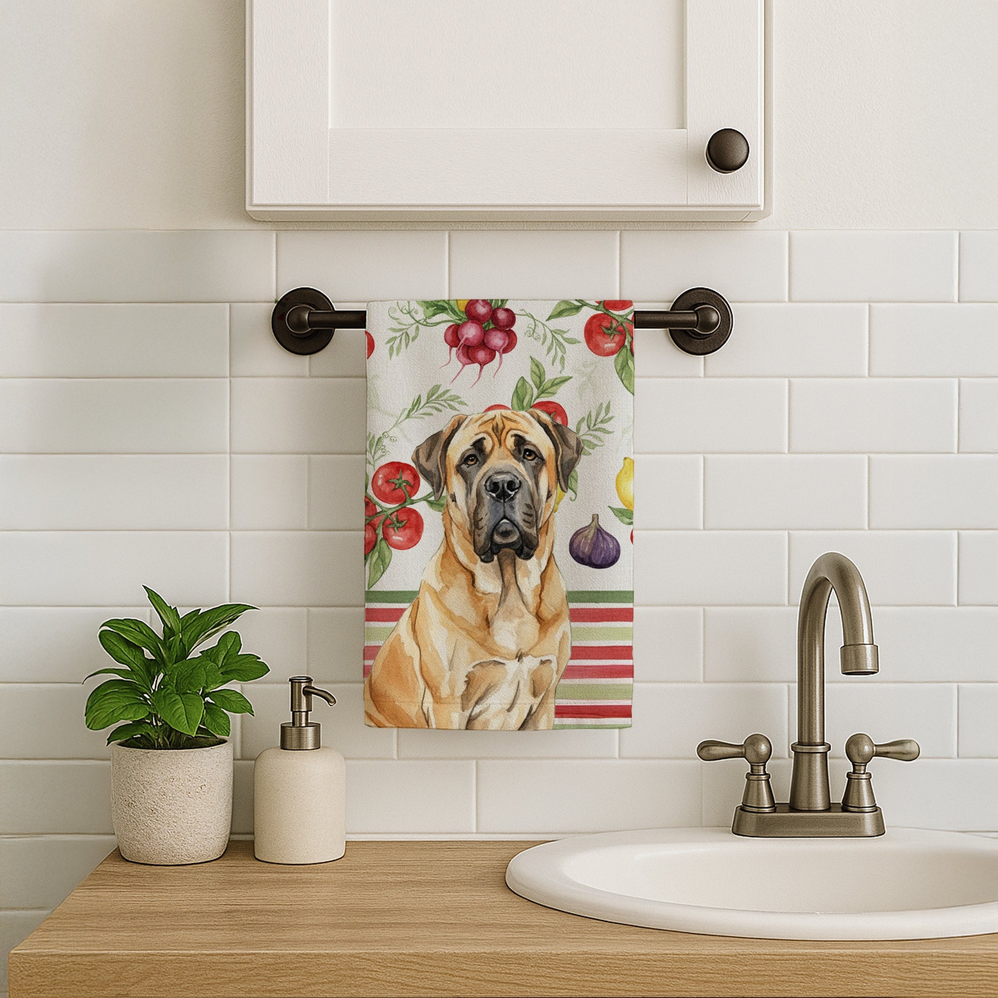 Fawn English Mastiff Vegetables Kitchen Towel Velour Plush Front and Cotton Loop Back Machine Washable