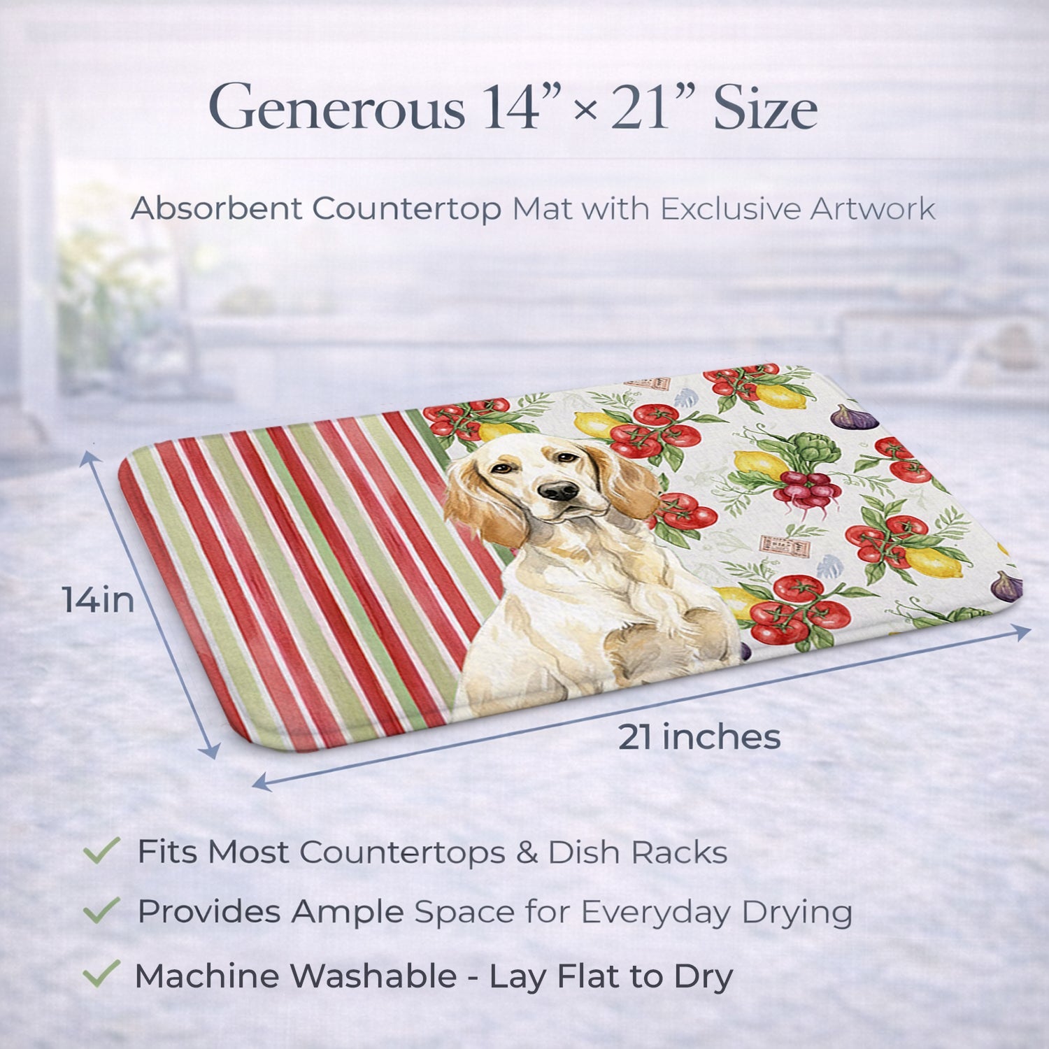 Lemon Belton English Setter Vegetables Dish Drying Mat Absorbent Dish Drying Mat Pad for Kitchen Counter Dish Drainer Mat for Countertop, 14 x 21", Multicolor