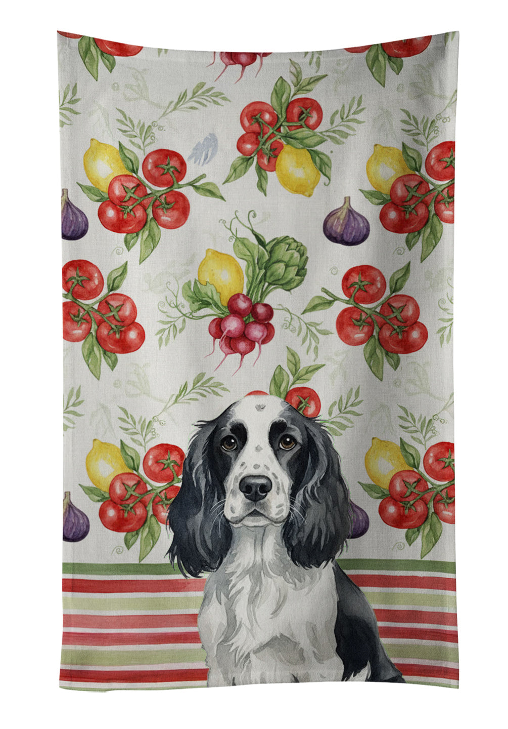 Black and White English Springer Spaniel Vegetables Kitchen Towel Velour Plush Front and Cotton Loop Back Machine Washable