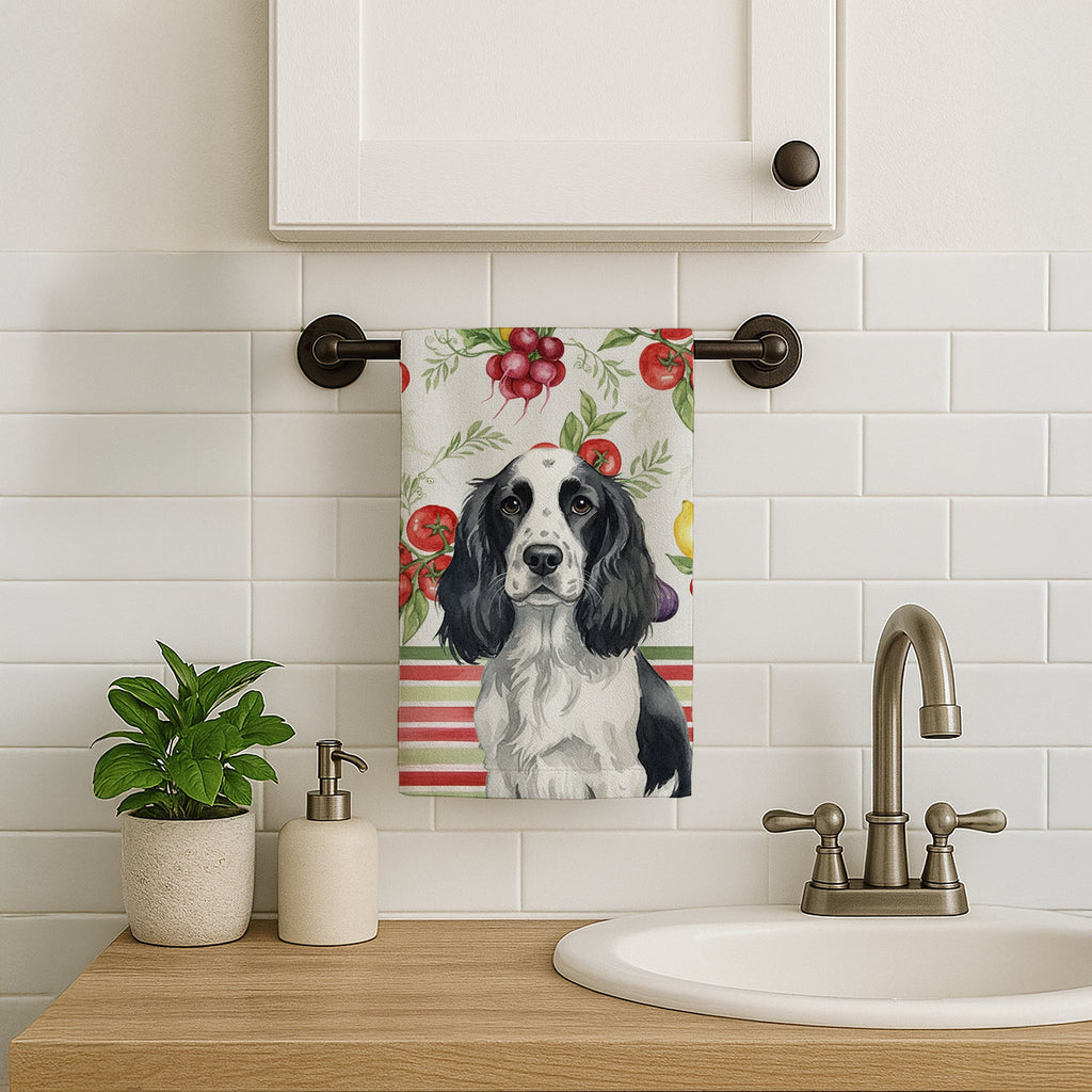 Black and White English Springer Spaniel Vegetables Kitchen Towel Velour Plush Front and Cotton Loop Back Machine Washable