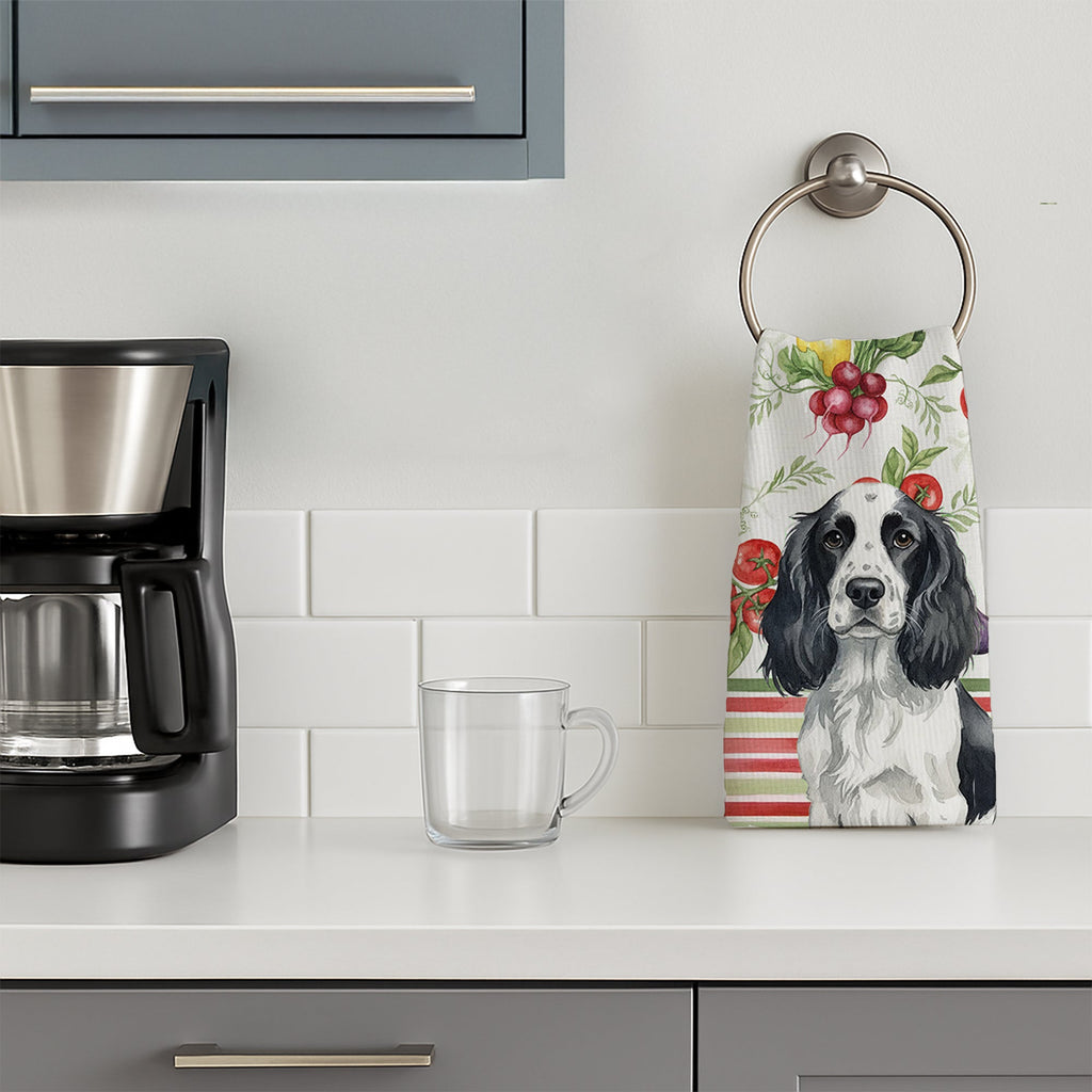 Black and White English Springer Spaniel Vegetables Kitchen Towel Velour Plush Front and Cotton Loop Back Machine Washable
