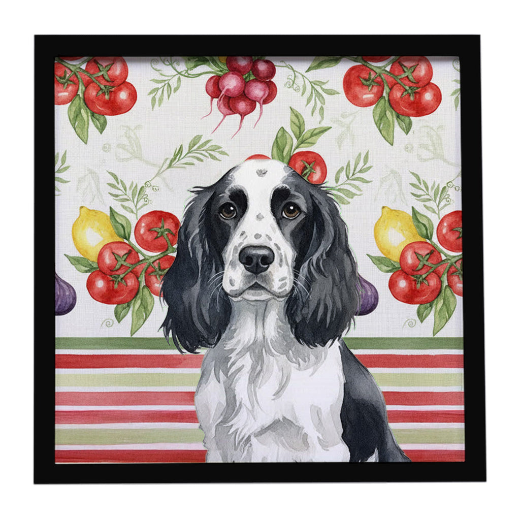 Black and White English Springer Spaniel Vegetables Framed Metal Print Bathroom, Kitchen, Office, Home Decor Wall Art Ready to Hang, Square, 8X8
