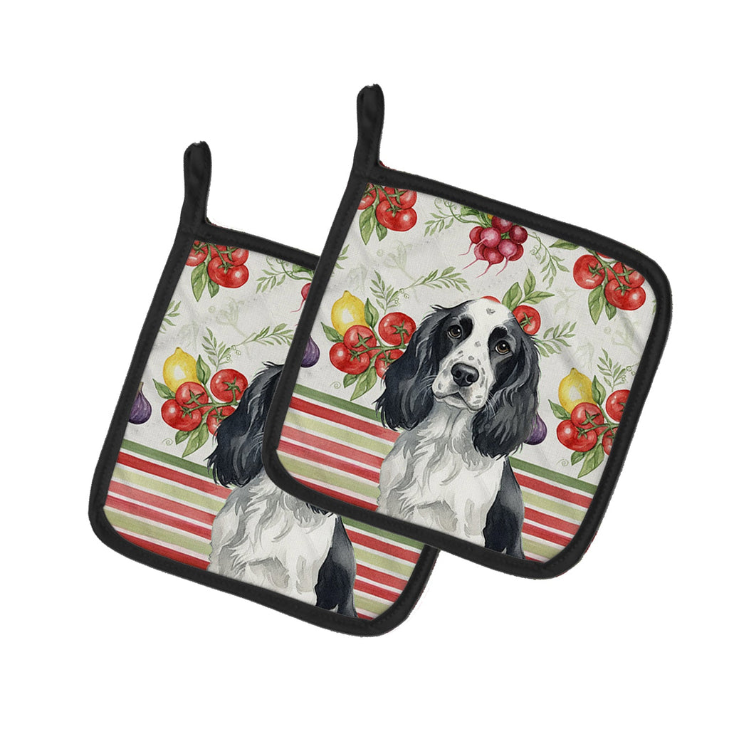Black and White English Springer Spaniel Vegetables Pot Holder Set of 2 Heat Resistant Quilted Hot Pads 7.5 x 7.5 Inch, Insulated Kitchen Trivets for Cooking & Baking